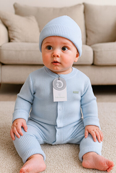 Cassiope Unisex bebek trikolu kışlık örme 2'li takım tulum+şapka mavi 3ay