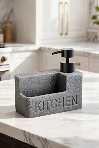 Eskabia Doğal Taş Dokulu Hazneli Polyresin Mutfak Sıvı Sabunluk Gri