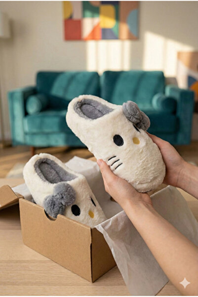 StWenn Hello Figured Ribbon Detailed Fluffy Animal Figured Non-Slip Sole Slippers Women's Home Slippers