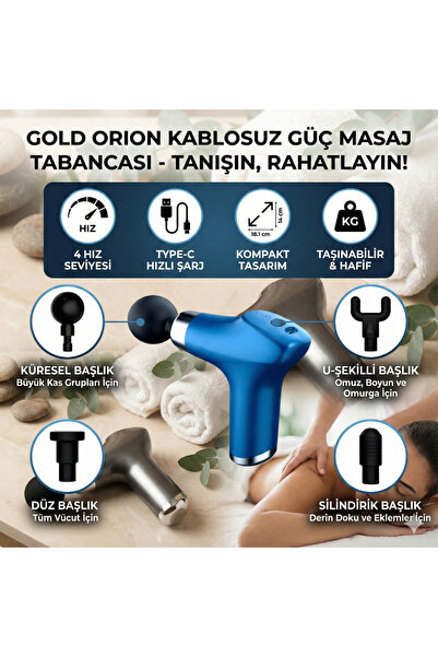 Şarjlı Masaj Tabancası – 4 Başlıklı Profesyonel Derin Doku ve Kas Rahatlatıcı Sporcu Masaj Aleti