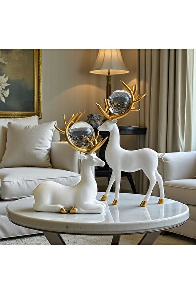 ArzzHome 2'li Dekoratif Geyik Aksesuar & Biblo Takımı Beyaz