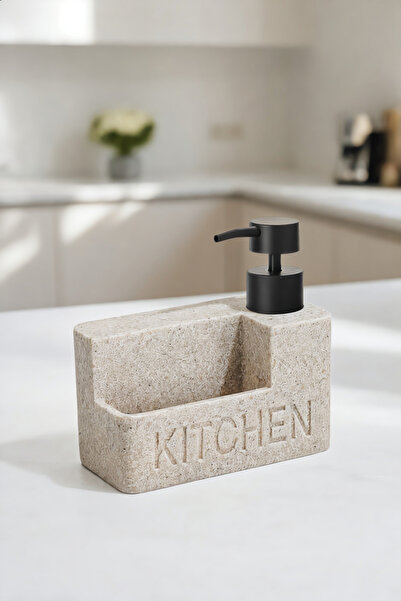 Eskabia Doğal Taş Dokulu Hazneli Polyresin Mutfak Sıvı Sabunluk Bej