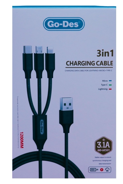 Go-Des GD-UC531 - 3 In 1 Charging Cable - lightning, type-c, micro