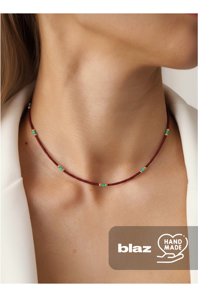 SOFT Bordo Mavi Altın Rengi Boncuklu El Yapımı Kolye Altın Kaplama Aparatlı -...