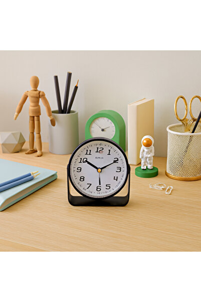 Livava Döner Standlı Mini Metal Masa Saati, Alarmlı ve Işıklı, Siyah, 13x10 cm