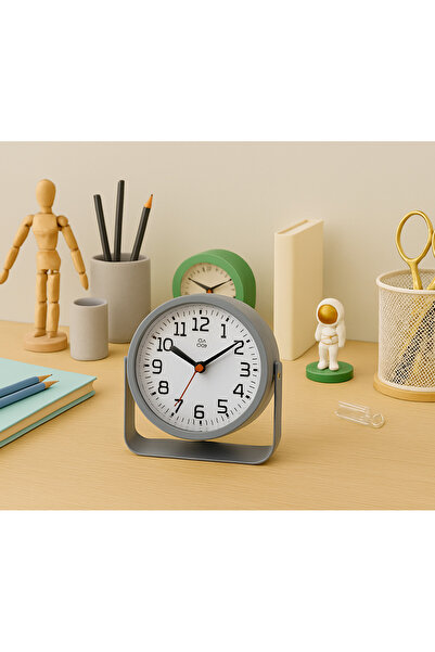 Livava Döner Standlı Mini Metal Masa Saati, Alarmlı ve Işıklı, Gri, 13x10 cm