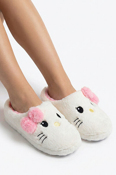 StWenn Hello Figured Ribbon Detailed Fluffy Animal Figured Slippers Women's Home Slippers