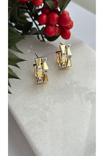 mibrillo Marka muadili iki renk taş detaylı halka küpe