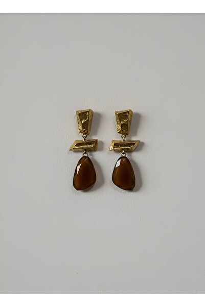 lunara jewelry Zara Model Kahve Renk Taşlı Çelik Küpe