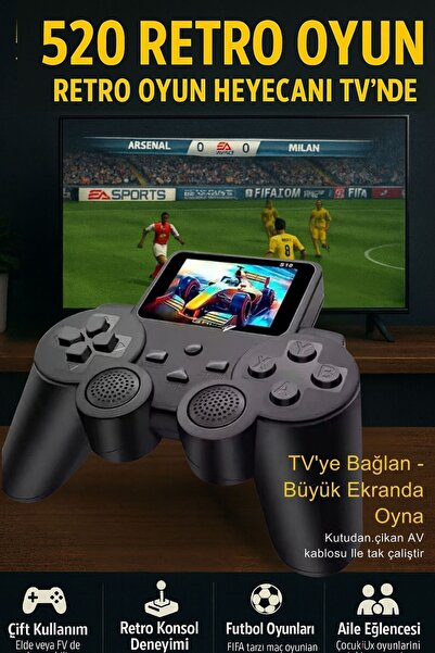 Zineets Renkli Ekranlı 520 Nostalji Oyunlu Gaming Kablosuz Gamepad Oyun Kolu Atari Tv Uyumlu Game Stick