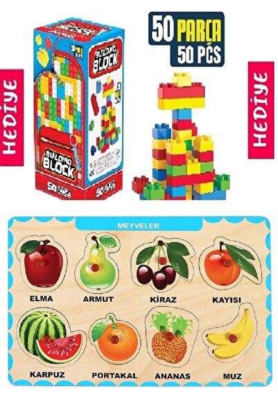 MAKETÇİNİZ Ahşap Tutmalı Eğitici Yapboz Puzzle Meyveler+ Hediye 50 Parça Yapı...