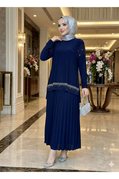 modamira KADIN SANDY LACİVERT ÖNÜ VE KOLLARI TAŞLI 2Lİ BLUZ ETEK PİLİSELİ İKİLİ TESETTÜR ETEKLİ TAKIM