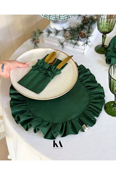 KaiAtelier 4Lü Mossy Keten Fırfır Detaylı Amerikan Servis/ Supla YEŞİL