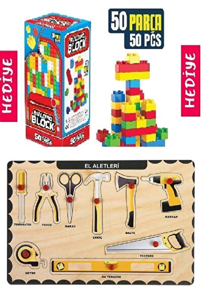 MAKETÇİNİZ Ahşap Tutmalı Eğitici Yapboz El Aletleri+Hediye 50 Parça Yapı Blok...