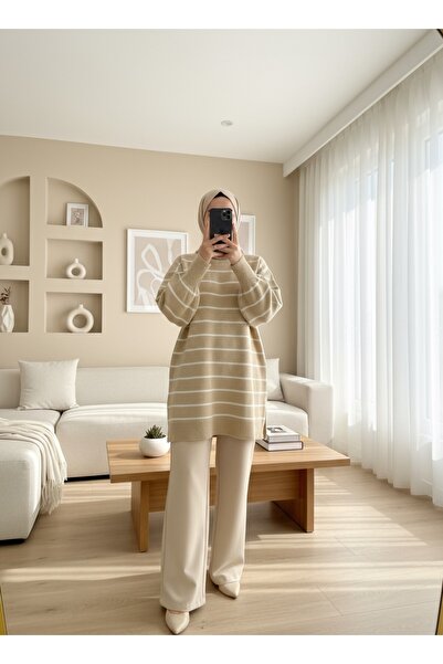 Modamorfo İnce Çizgili Yırtmaçlı Triko Tunik -Vizon