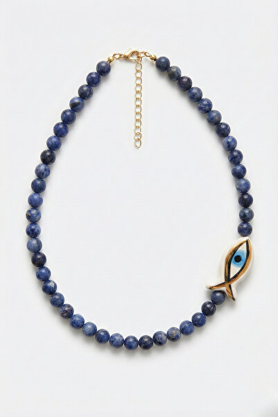 Cunda Doğal Taş Design Lapis Lazuli Doğal Taş Kolye (8mm) Seramik Detaylı Lac...