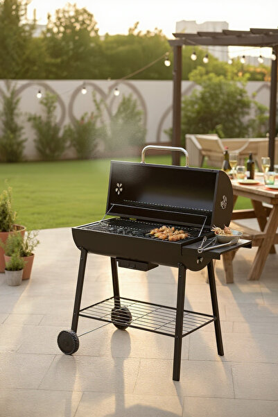 Padilon Kapaklı Varil Tip Kömürlü Mangal – Paslanmaz Çelik Termometreli Tekerlekli Mangal