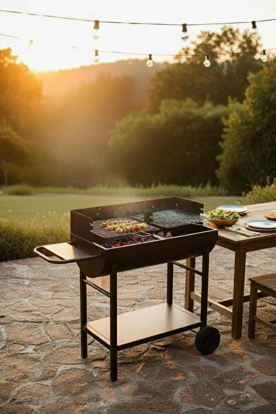 Padilon Büyük Boy Barbekü Mangal Çelik Gövde Çift Izgara Yarım Varil Sehpalı Mangal 105x89x47