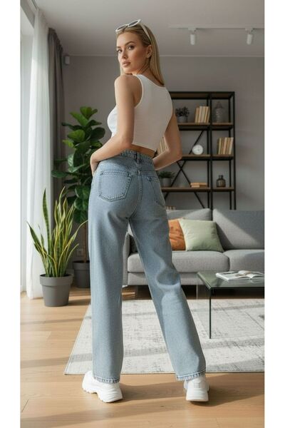 geenz manifacture Жіночі світло-блакитні широкі штани з високою талією та широкими штанинами, вільні джинси-палаццо