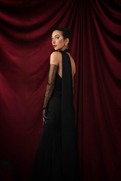 sinemkivanc co Black elenore self-shawl satin dress