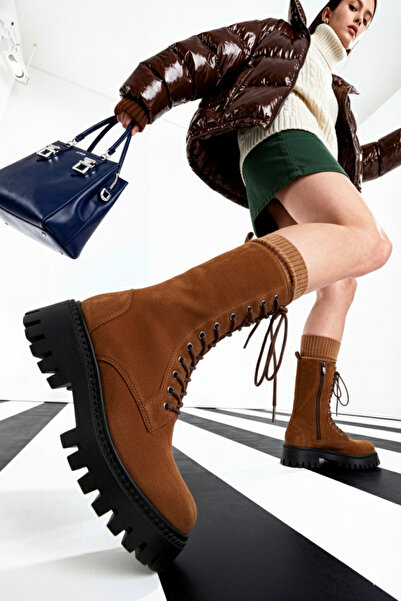 EPTC Tan Suede Long Lace-Up Women's Boots – Trendy Thick Sole Casual and Styl...