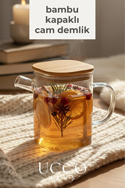 UCCO إبريق شاي من الزجاج البوروسيليكات سعة 1 لتر مع غطاء من الخيزران |   ديتوكس، عصير الليمون، أعشاب، شاي، وعاء زيت للمطبخ