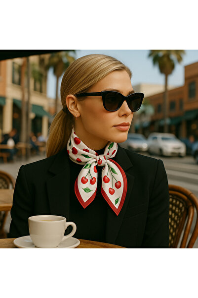 Modabutik B79 Kadın Kiraz Desenli Bandana 50x50 Kırmızı Dg0205-22 Snz