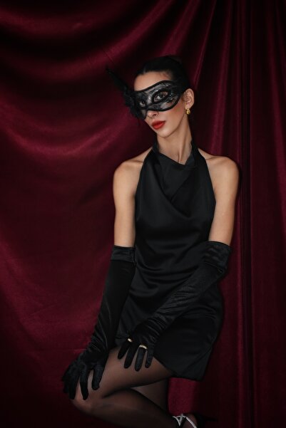 sinemkivanc co Black Miller Halter Neck Satin Dress Mini