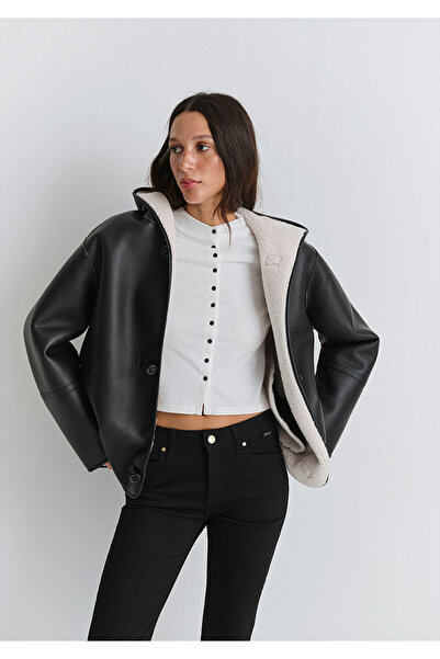 Mavi Μαύρο τζάκετ από συνθετικό δέρμα Oversize / Φαρδιά κοπή 1110612-900