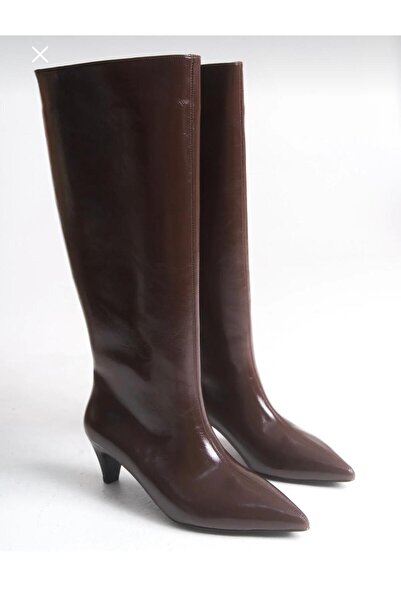 Fagi Cizme de damă SİENA, maro, din piele lacuită, cu toc, cu vârf ascuțit, sub genunchi