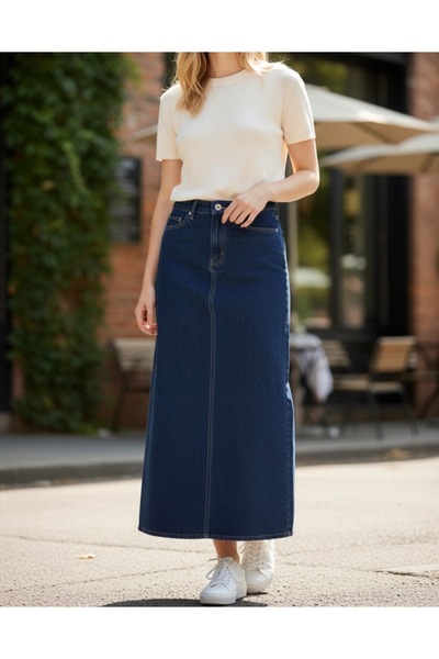 Blue mist Yüksek belli koyu yıkamalı maxi denim etek(‼️Dar kalıp)