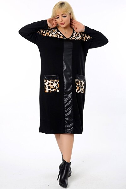 Kheos Φόρεμα με λεοπάρ σχέδιο με λαιμόκοψη σε σχήμα V, ειδικού σχεδιασμού με δερμάτινες λεπτομέρειες και τσέπες