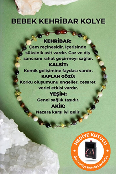 OSMANLI DOĞAL TAŞ Orijinal & Sertifikalı Bebek Kehribar Kolye - Kehribar, Yeşim, Kaplan Gözü, Kahve Göz Akik, Kalsit
