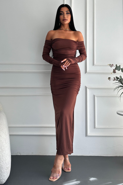 MILANOFOX فستان ساندي مادونا بأكمام طويلة وفتحة بنية اللون - موديل فستان سهرة أنيق وأنيق