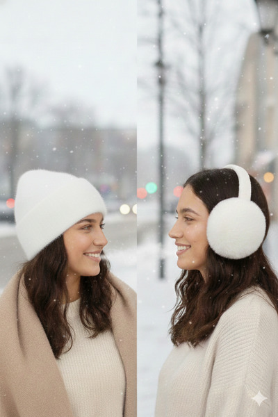 DKDZ SHOP Plush Beanie and Plush Earmuffs Foldable Beige (Set of Two)