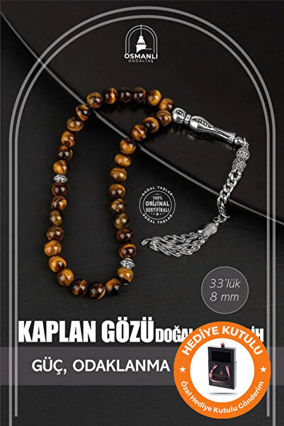 OSMANLI DOĞAL TAŞ Orijinal & Sertifikalı Kaplan Gözü Doğal Taş El Yapımı Özel Kutulu Hediyelik Erkek Tesbih 33lük 8mm
