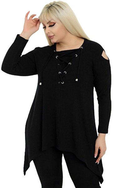 Kheos Shoulder Low-cut Chest Lace-up Long Sleeve Asymmetrical Flowy Tunic