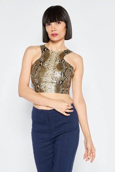 Missguided بلوزة نسائية بدون أكمام بطبعة حيوانية ورقبة دائرية، رمادية