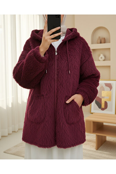 Modamorfo Палто с качулка, джобове и цип - бордо