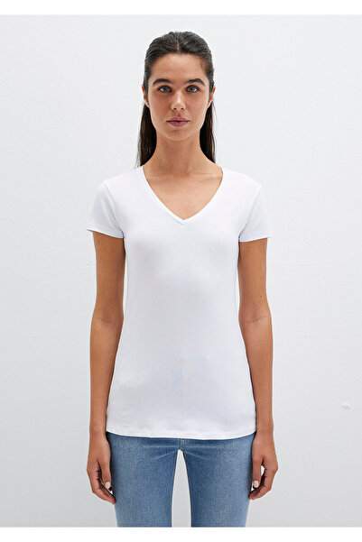 Mavi Koszulka z dekoltem w serek w kolorze białym, rozciągliwa, dopasowana/dopasowana do ciała, 162769-620