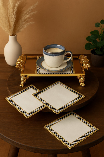 EVCO 6'lı Linen Keten Kahve Yanı Kokteyl  Parti Lüks Sunum Peçetesi Nakış Işlemeli Sunumluk