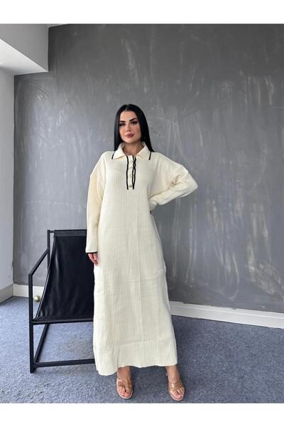 newmisal Women's Polo Collar Buttoned Knitwear Dress