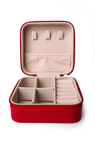 Ecrou Çift Gözlü Seyahat Tipi Takı Kutusu Kırmızı