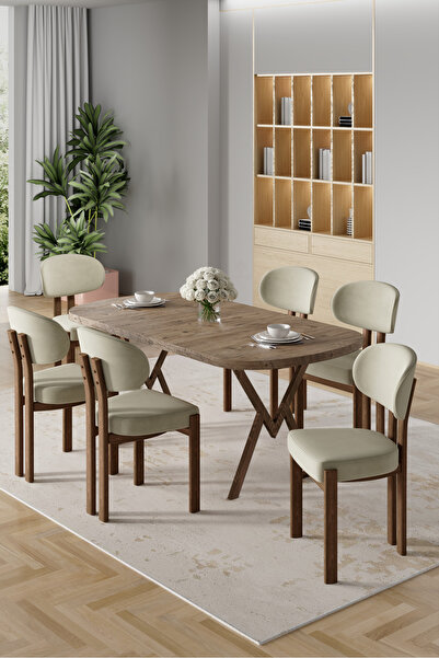 Canisa Radon Serisi MDF 90x168 Sabit Atlantik Çam Mutfak Masa Takımı 6 Krem S...