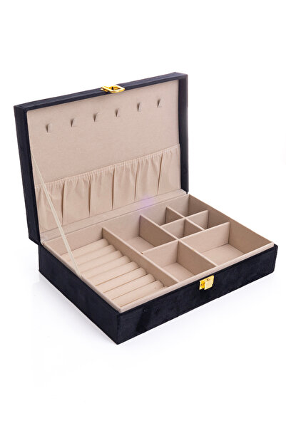 Ecrou Çok Bölmeli Siyah Kadife Takı Aksesuar Kutusu Organizer Düzenleyici 28 X 19 X 7 Cm