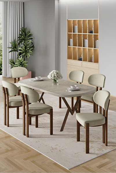 Canisa Radon Serisi MDF 90x168 Sabit Traverten Mutfak Masa Takımı 6 Krem Sand...