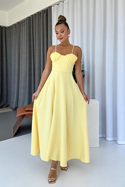 Mine Tan Butik Rochie de damă cu bretele lungi cu detaliu piept de stridii - ...