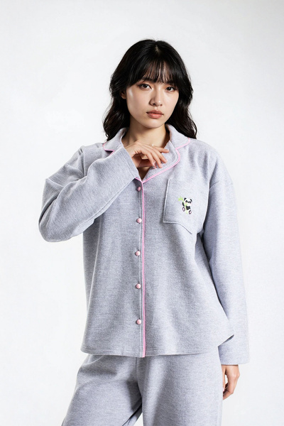 Ecrou Γυναικείο σετ πιτζάμες με μακρυμάνικο παντελόνι σε γκρι μελανζέ Waffle Panda Kingdom στρογγυλός γιακάς