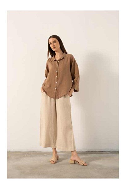 İpekçi Otantik Saf Keten Yarasa Kol Kadın Gömlek