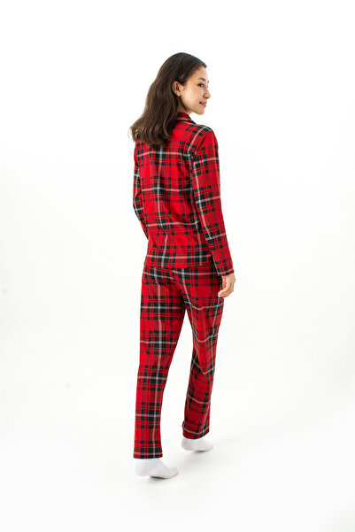 Ecrou Women's Red Plaid Pattern Peter Pan collar Long Sleeve Piped Pajama Sets